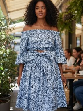 Off-Shoulder Blue Floral Tie-Waist Women's Top